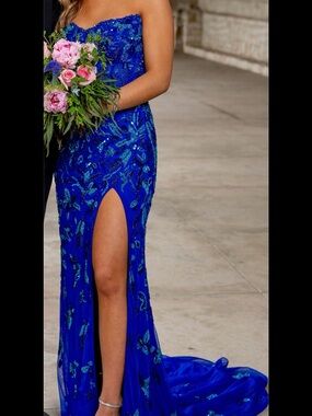Elegant Strapless Sapphire Blue Beaded Evening Gown
